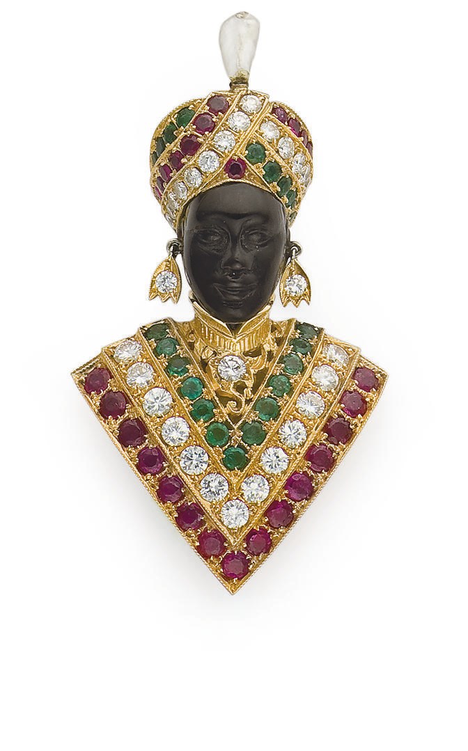 BROCHE BLACKAMOOR EMERAUDES, RUBIS, ONYX, PERLE DE CULTURE ET DIAMANTS, PAR NARDI
