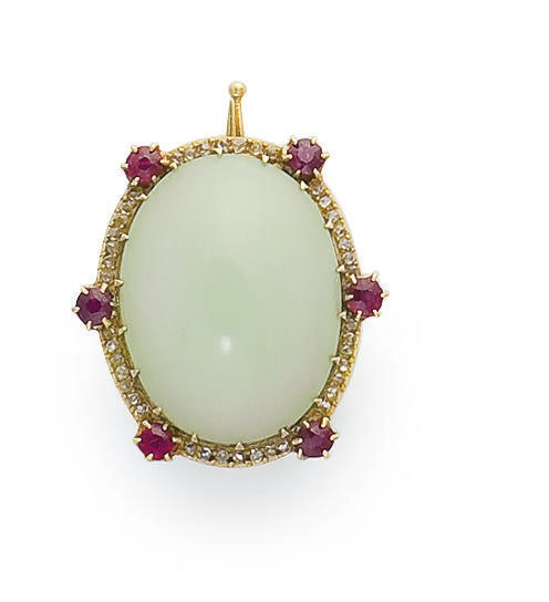 BROCHE CHRYSOPRASE, RUBIS ET DIAMANTS