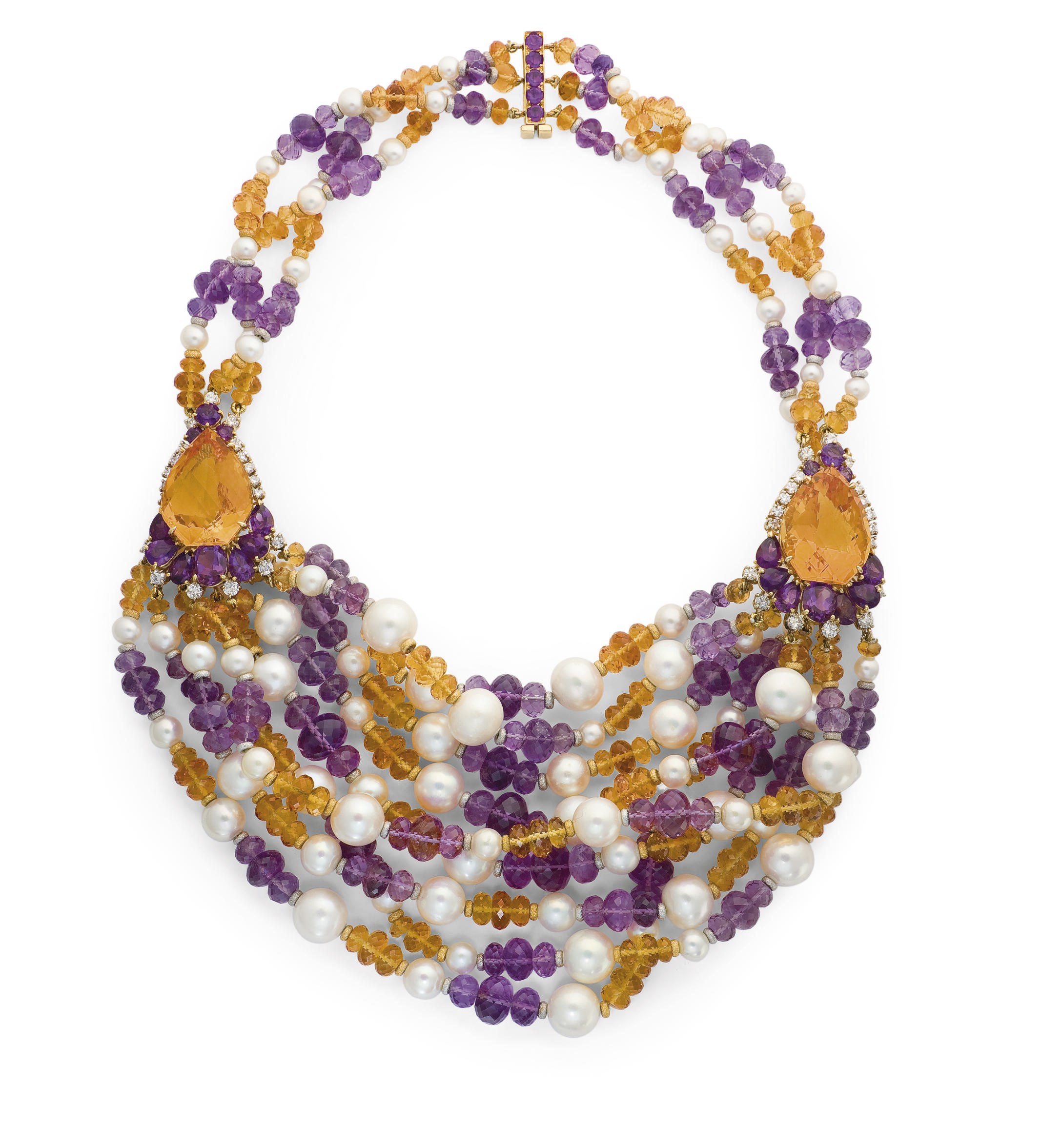 COLLIER PERLES DE CULTURE, AMETHYSTES, CITRINES ET DIAMANTS