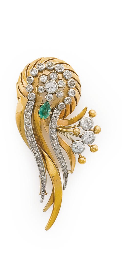 BROCHE RETRO EMERAUDE ET DIAMANTS