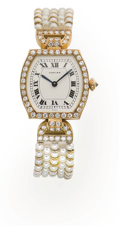 MONTRE BRACELET DE DAME 'TORTUE' PERLES DE CULTURE ET DIAMANTS, PAR CARTIER
