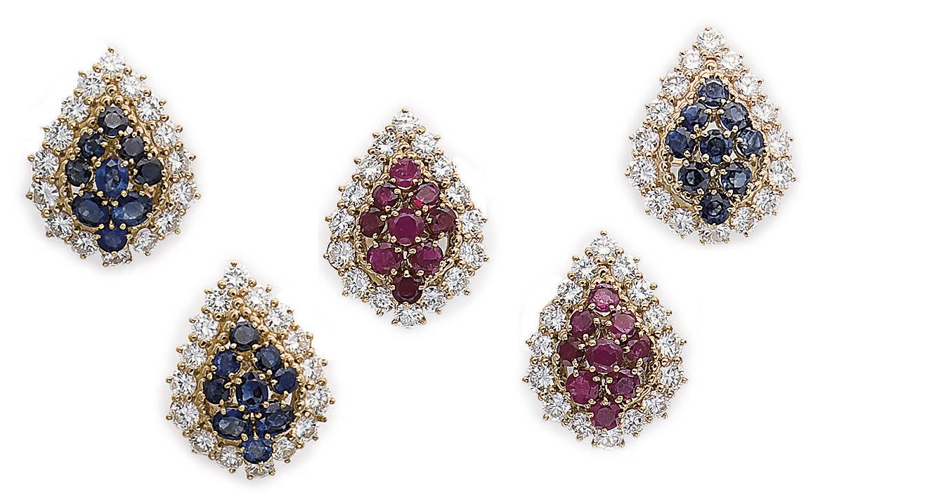 DEUX PAIRES DE CLIPS D'OREILLES RUBIS ET DIAMANTS ET SAPHIRS ET DIAMANTS ET UNE BAGUE EN SUITE, PAR BOUCHERON