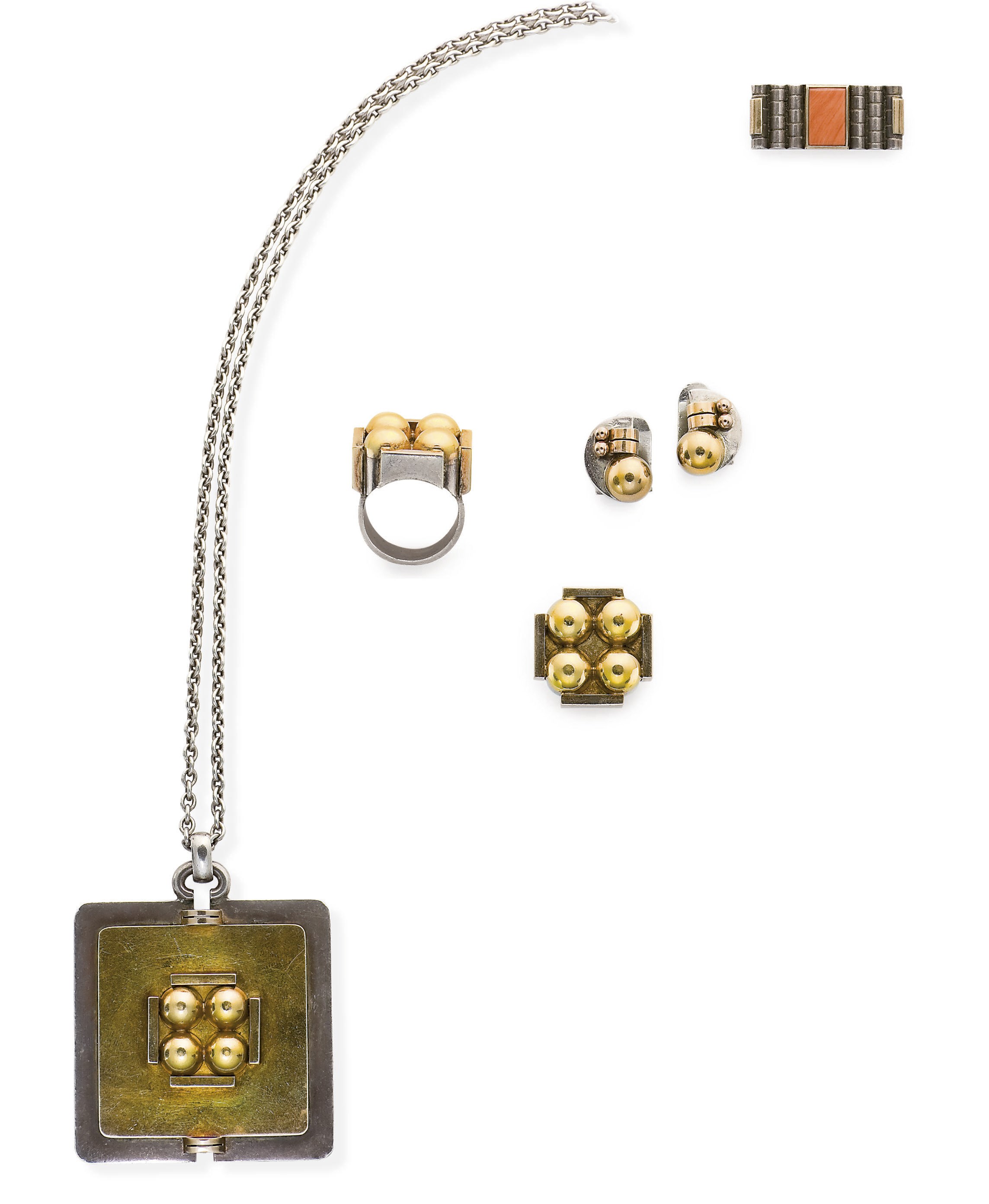 PARURE OR ET ARGENT ET BROCHE CORAIL, PAR JEAN DESPRES
