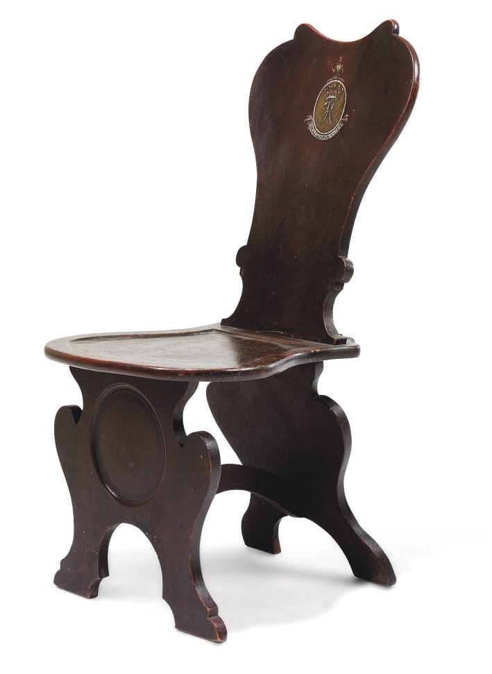 A GEORGE II POLYCHROME-DECORATED HALL CHAIR