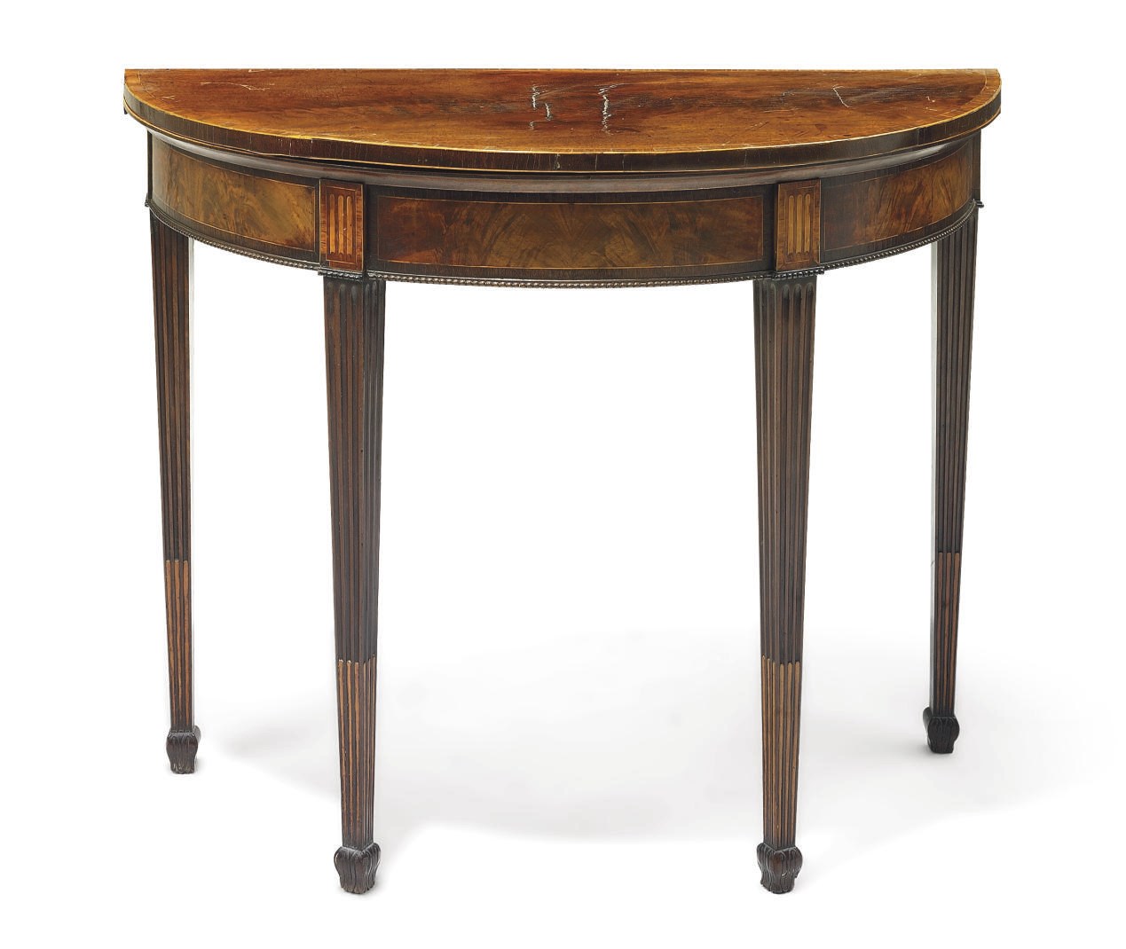 A GEORGE III MAHOGANY DEMI-LUNE CARD-TABLE