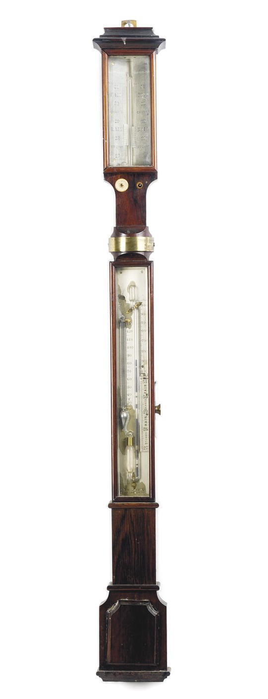 A VICTORIAN ROSEWOOD MARINE STICK BAROMETER WITH SYMPIESOMETER