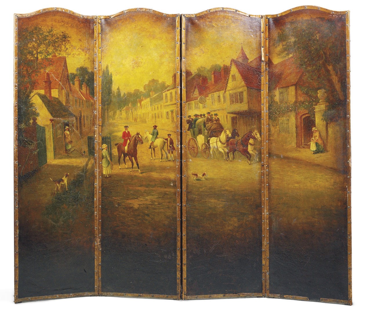 A LATE VICTORIAN POLYCROME-DECORATED FOUR-PANEL LEATHER SCREEN