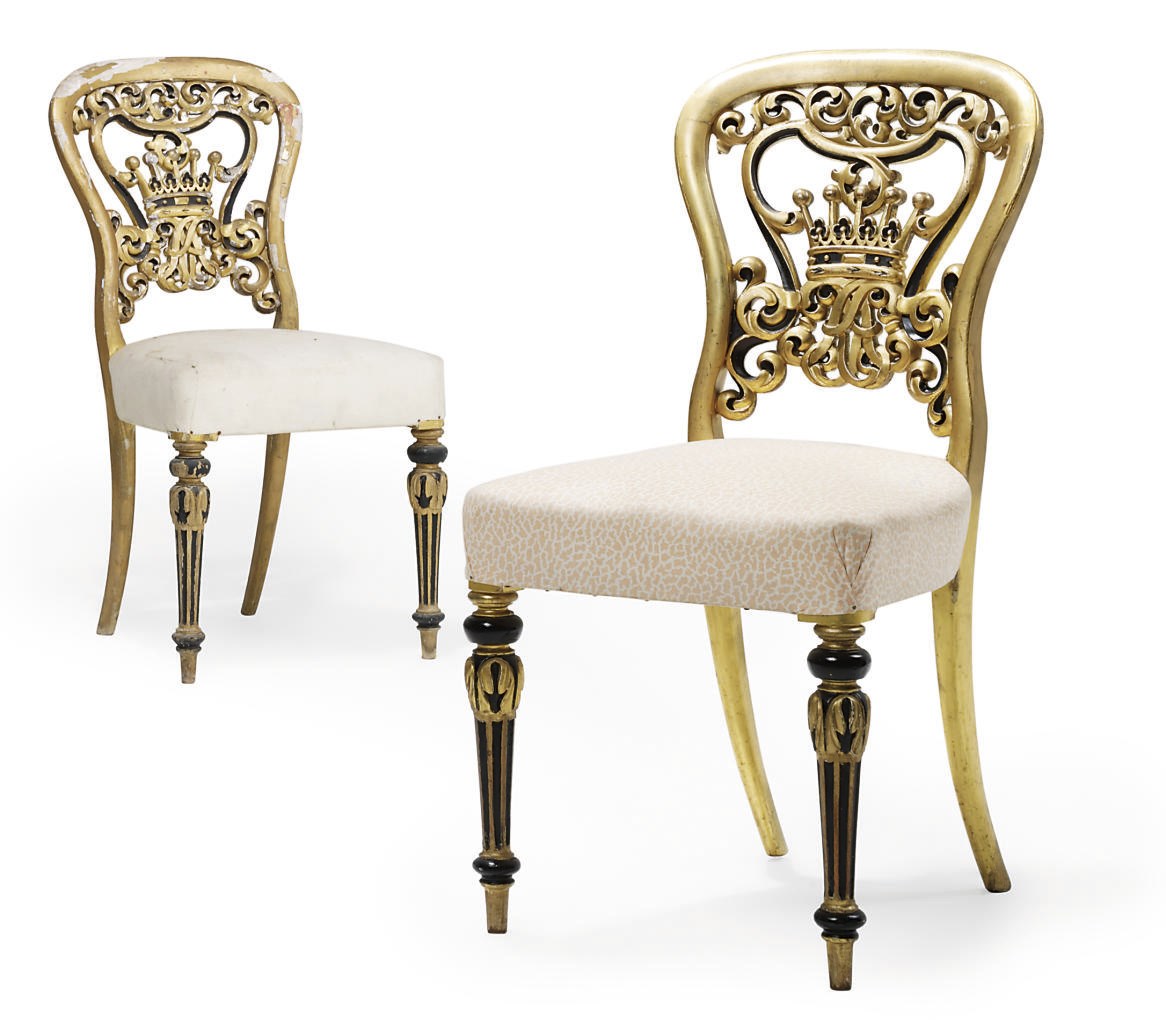 A PAIR OF MID-VICTORIAN GILTWOOD AND EBONISED SIDE CHAIRS