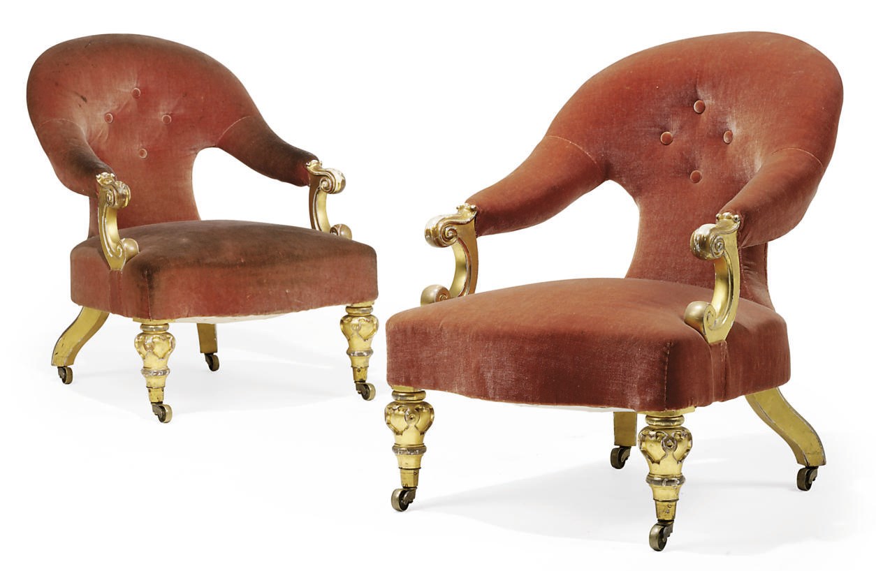 A PAIR OF MID-VICTORIAN GILTWOOD ARMCHAIRS