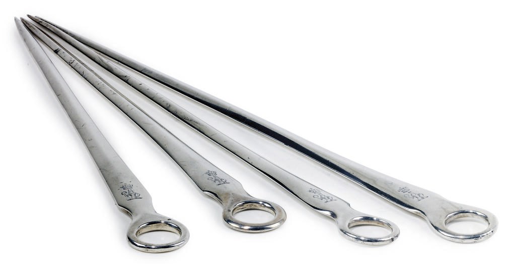 A MATCHED SET OF FOUR GRADUATED GEORGE III SILVER MEAT SKEWERS