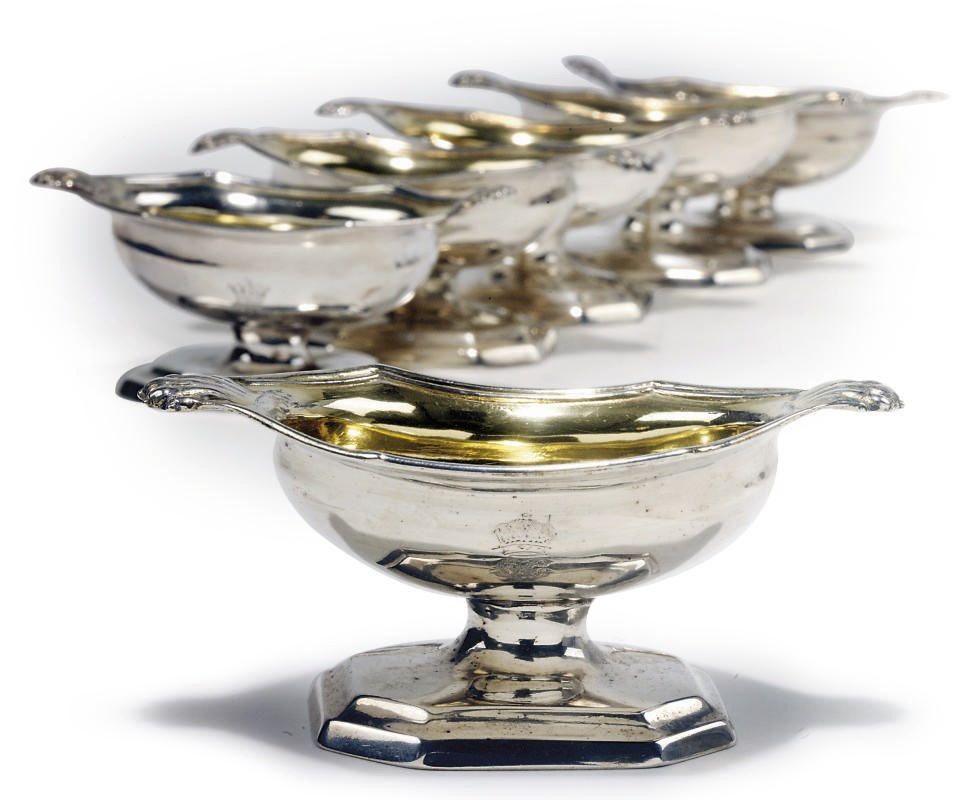 A SET OF SIX GEORGE III SCOTTISH SILVER OCTAGONAL SALTS