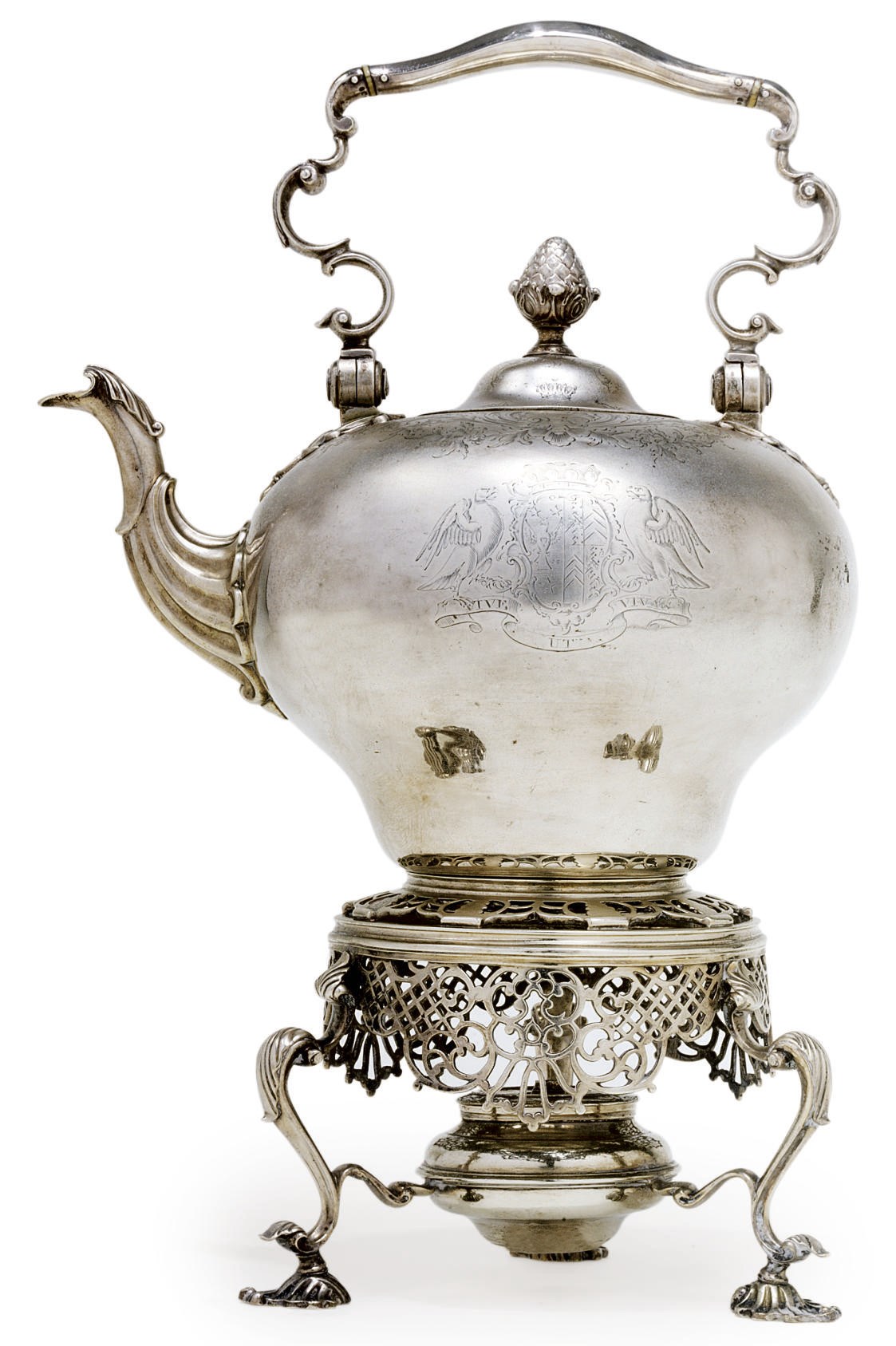 A GEORGE II SILVER TEA KETTLE-ON-STAND