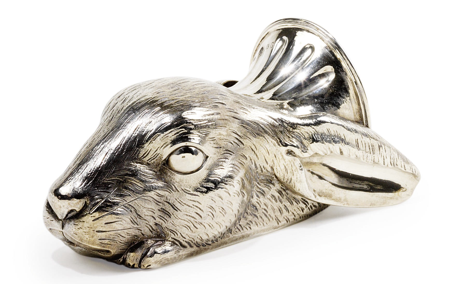 A GEORGE III SILVER STIRRUP CUP MODELLED AS A HARE'S HEAD
