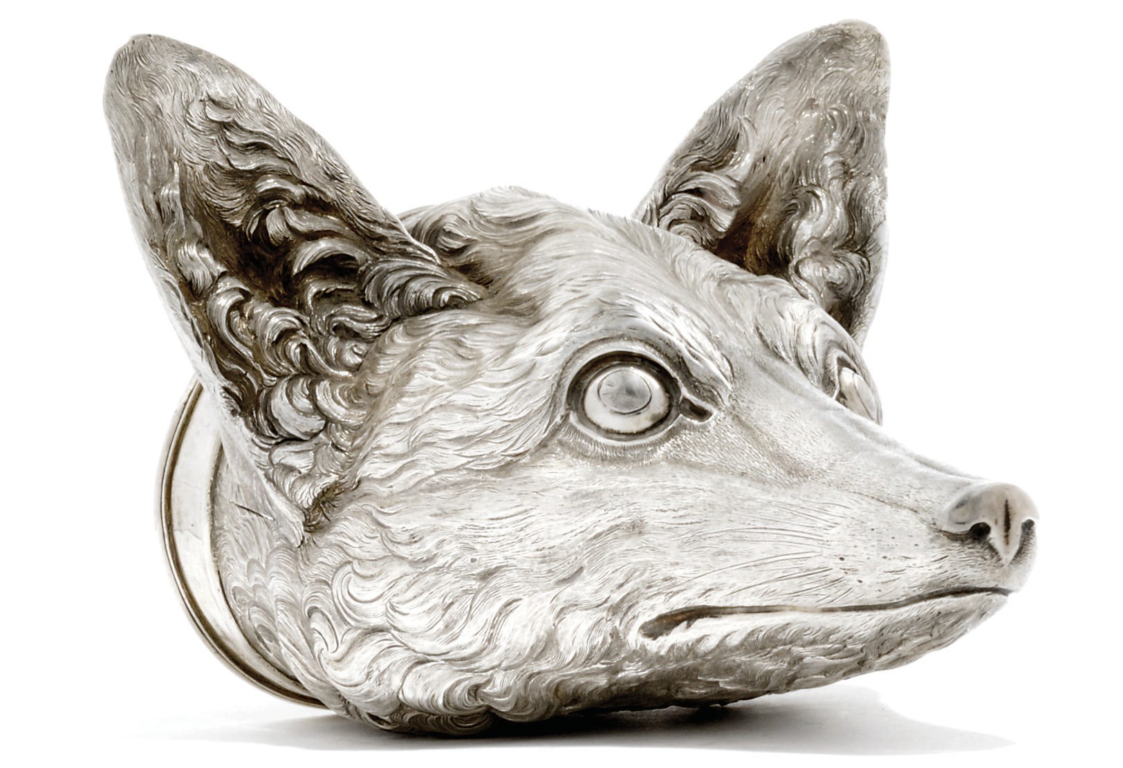 A GEORGE IV SILVER STIRRUP CUP MODELLED AS A FOX'S HEAD
