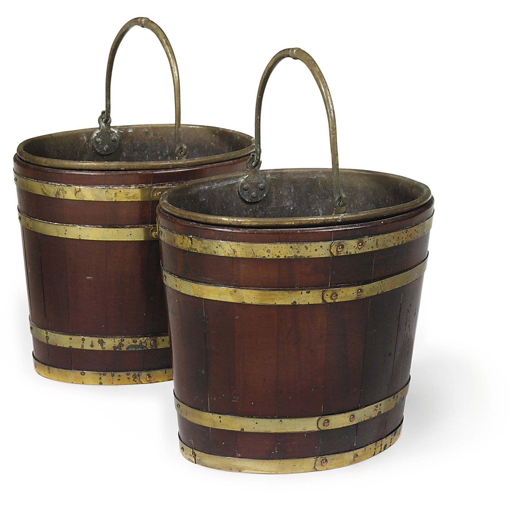 A PAIR OF GEORGE III BRASS-BOUND MAHOGANY OVAL BUCKETS
