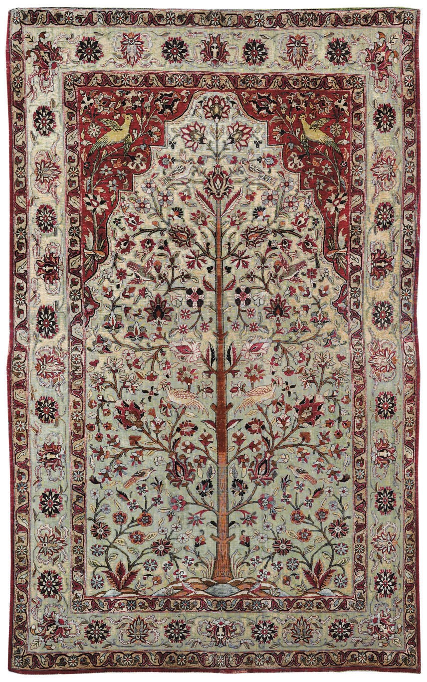 A FINE SILK SOUF KASHAN PRAYER RUG