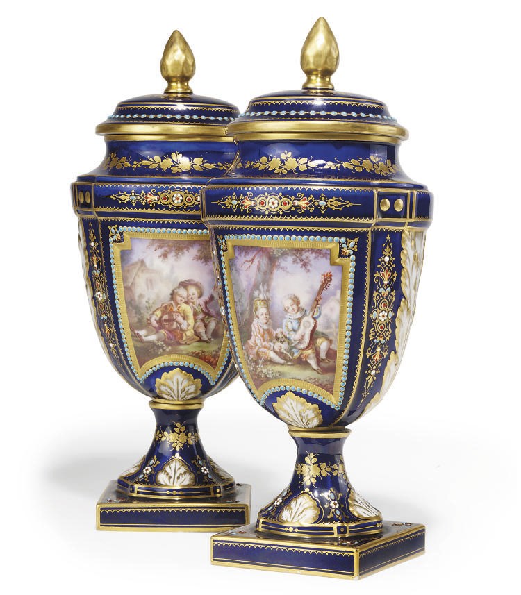 A PAIR OF SEVRES-STYLE BLUE-GROUND VASES AND COVERS