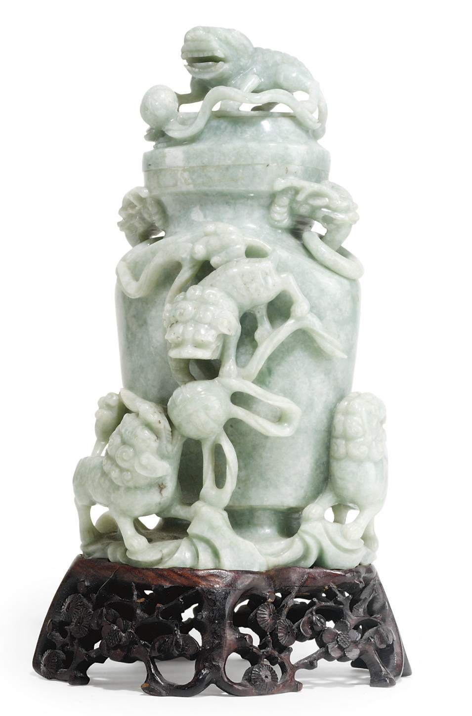 A CHINESE PALE GREEN JADEITE BALUSTER VASE AND COVER