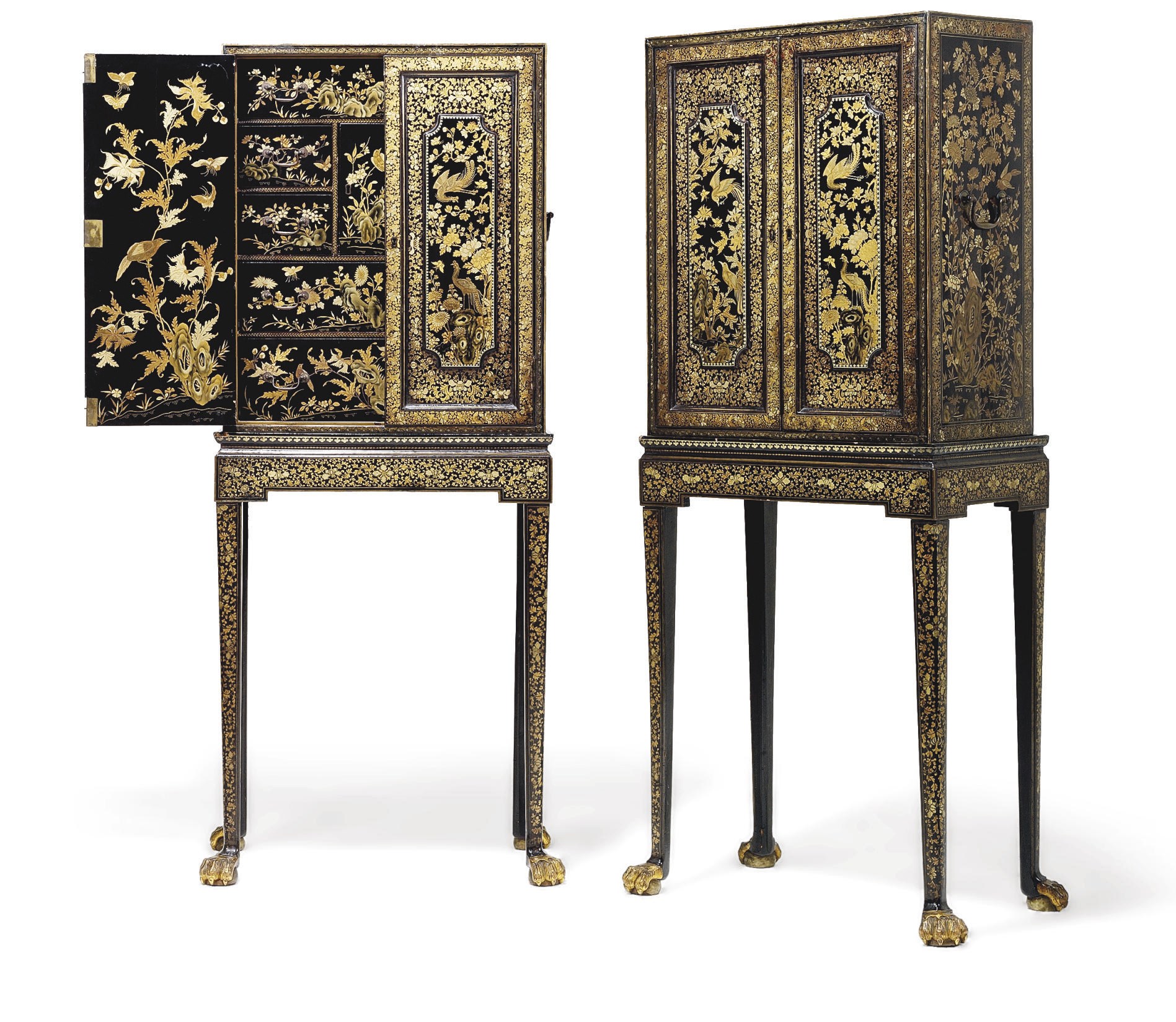 A PAIR OF CHINESE-EXPORT BLACK AND GILT LACQUER SMALL CABINETS-ON-STAND