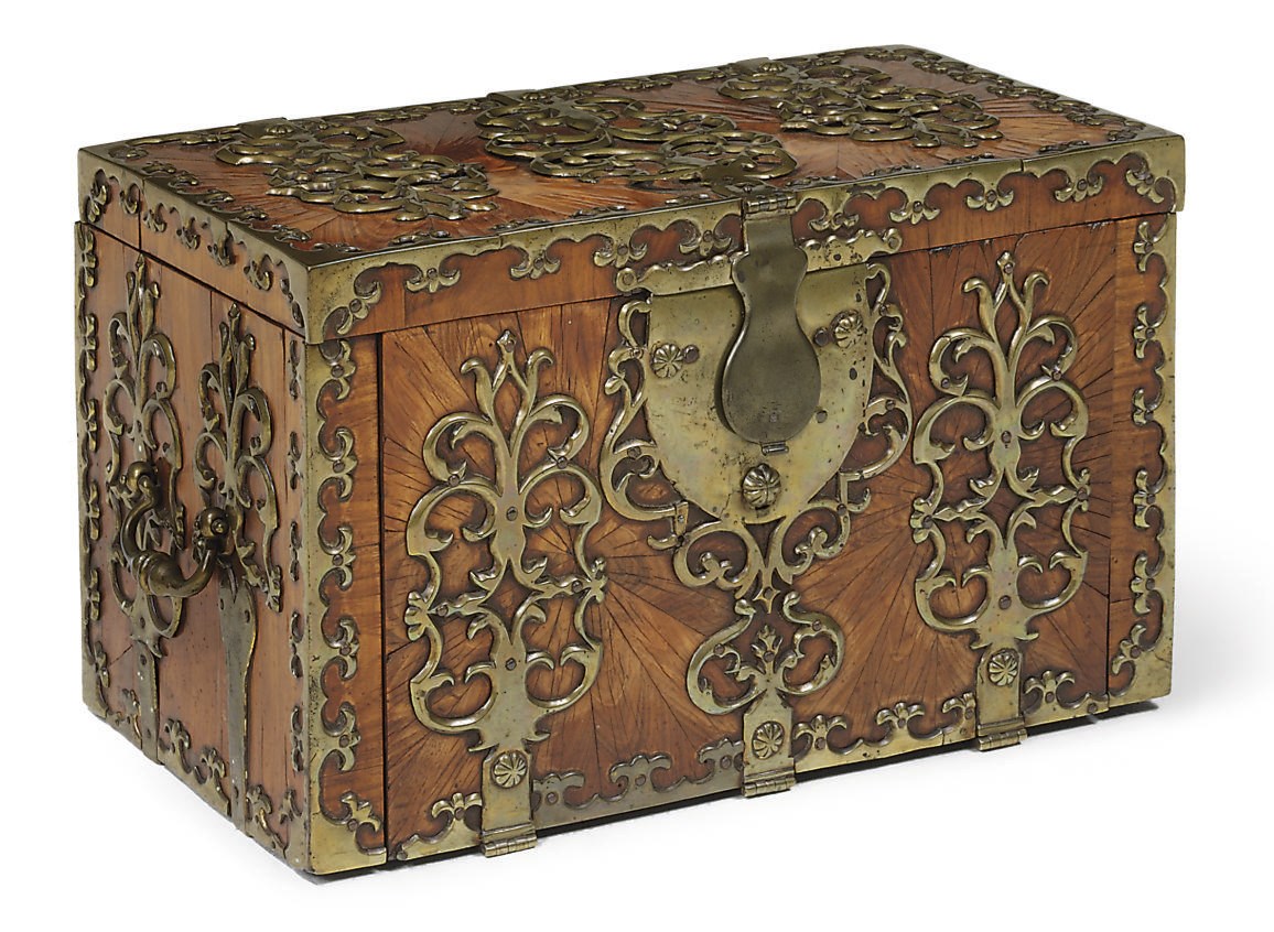 A LOUIS XIV BRASS-BOUND SOLID KINGWOOD STRONG BOX
