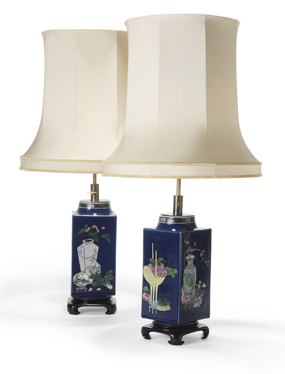 A PAIR OF CHINESE SQUARE SECTIONED BLUE GROUND TABLE LAMPS