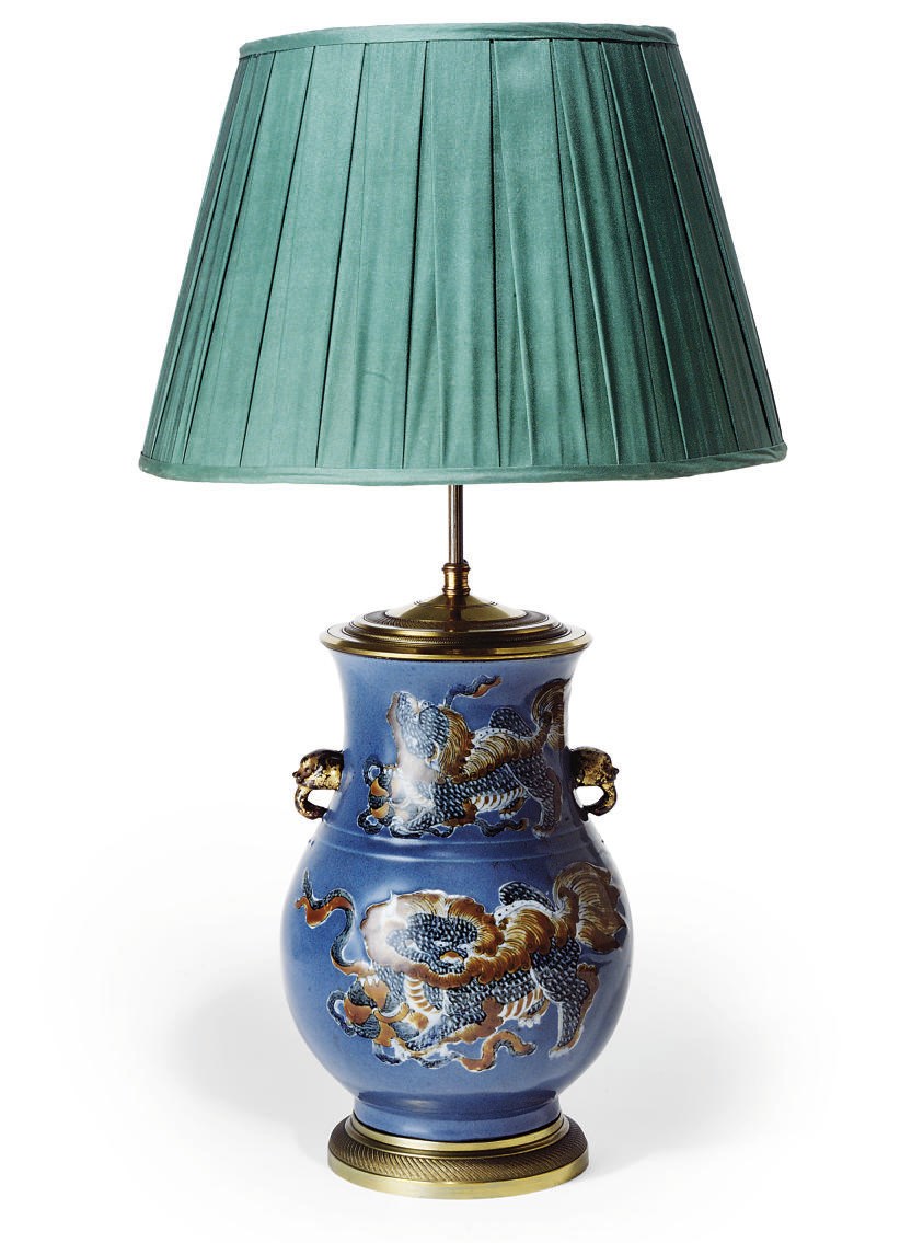 A CHINESE SLIP-DECORATED LAMPED BALUSTER VASE WITH GILT METAL MOUNTS