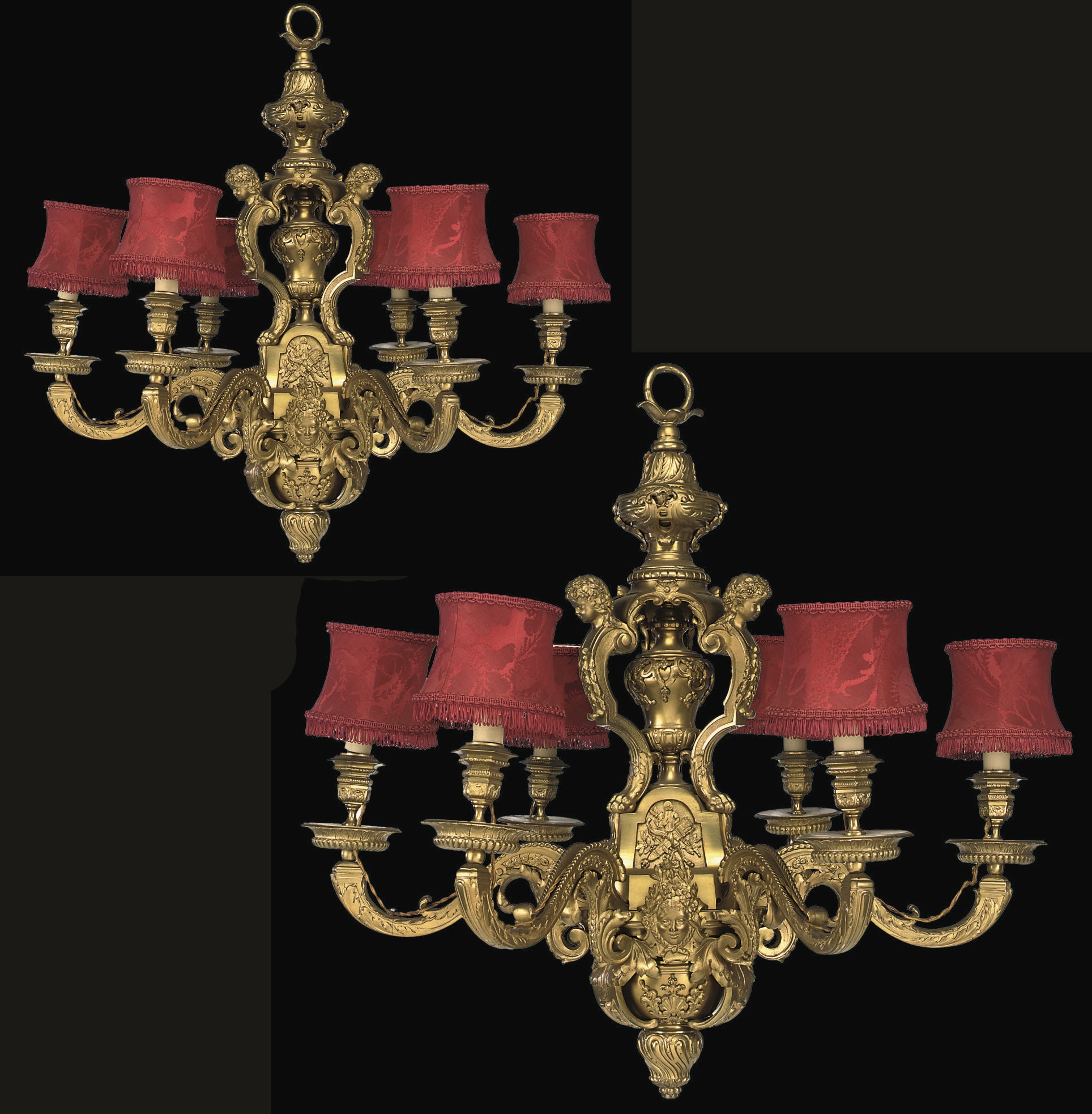 A PAIR OF FRENCH GILT BRONZE SIX-BRANCH CHANDELIERS