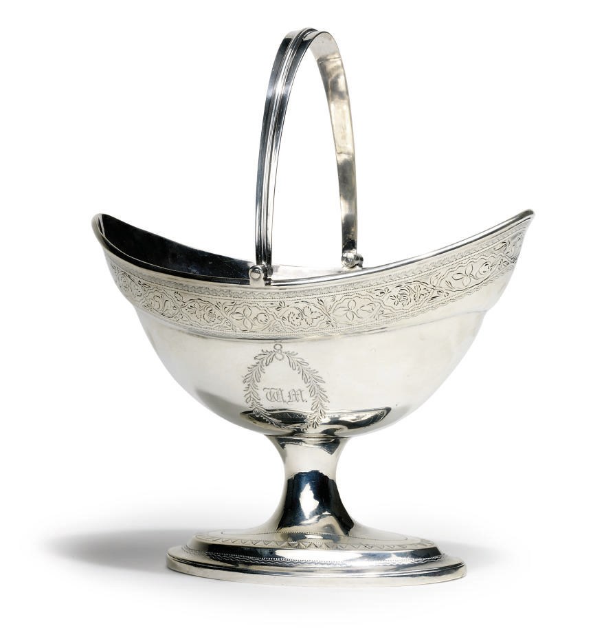 A GEORGE III IRISH SILVER SWING-HANDLED SUGAR BASKET