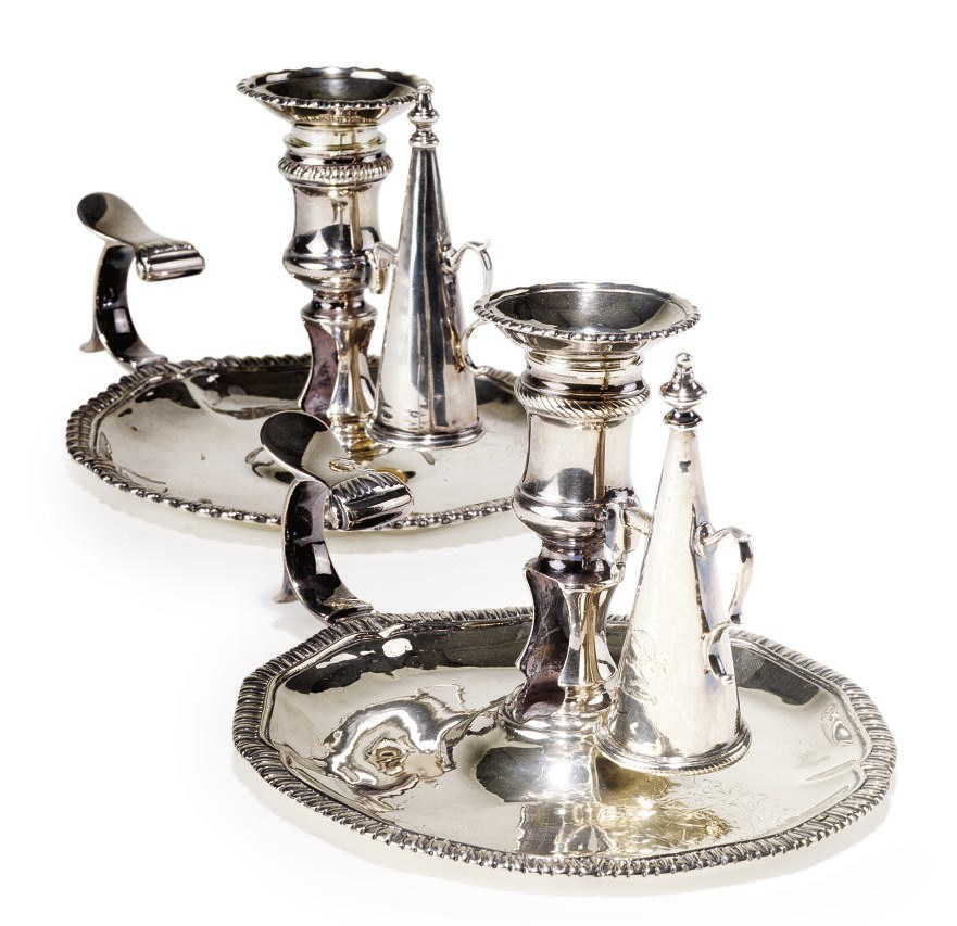 TWO SIMILAR GEORGE II/III SILVER CHAMBERSTICKS