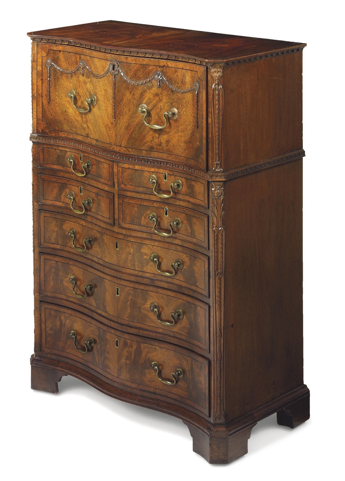 A GEORGE III MAHOGANY SERPENTINE SECRETAIRE CHEST