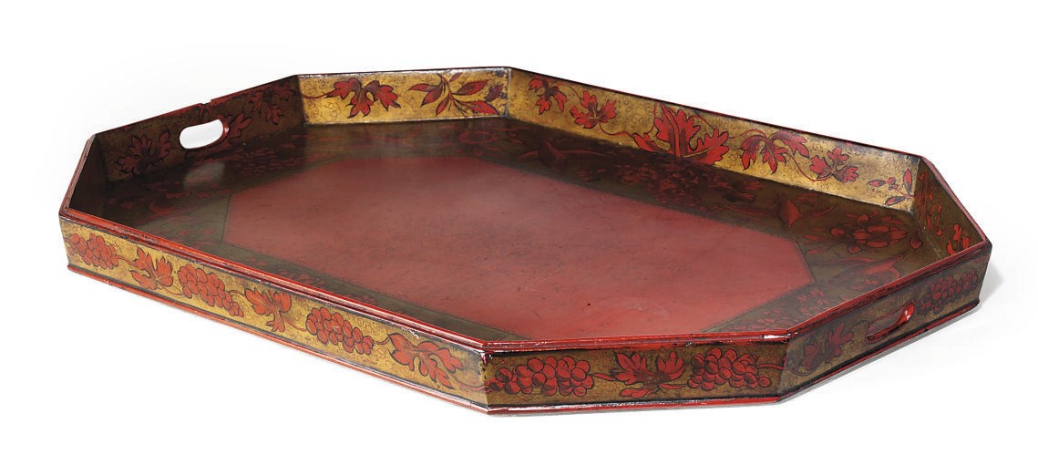 A LATE REGENCY GILT AND RED JAPANNED RECTANGULAR TRAY