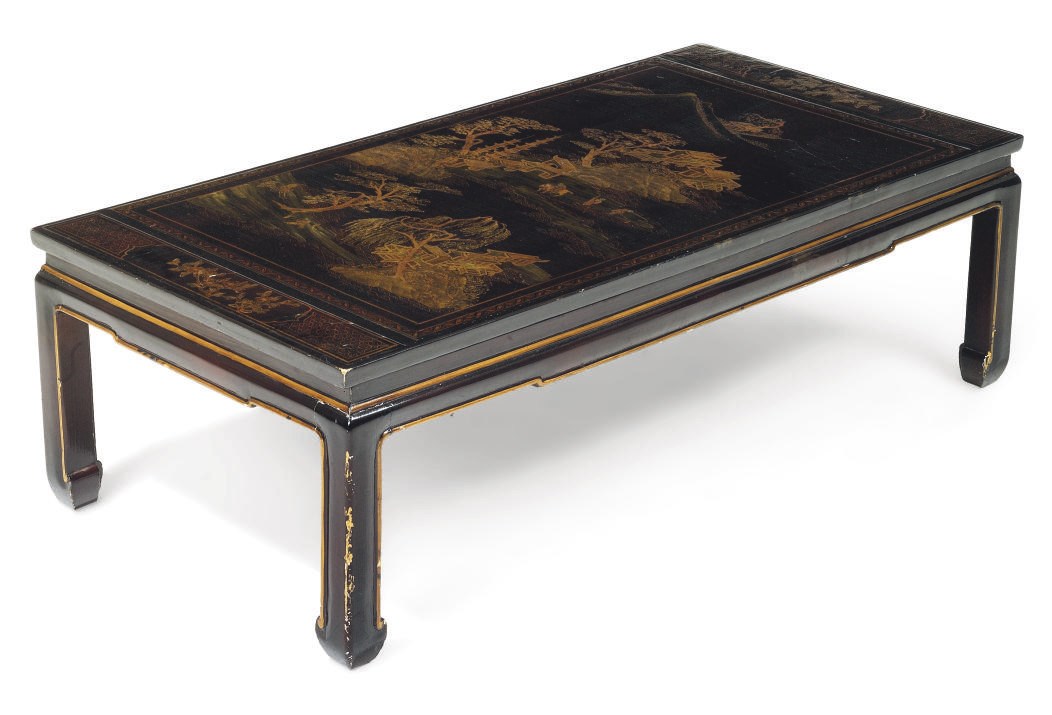 A CHINESE RED LACQUER, PARCEL-GILT AND EBONISED LOW TABLE