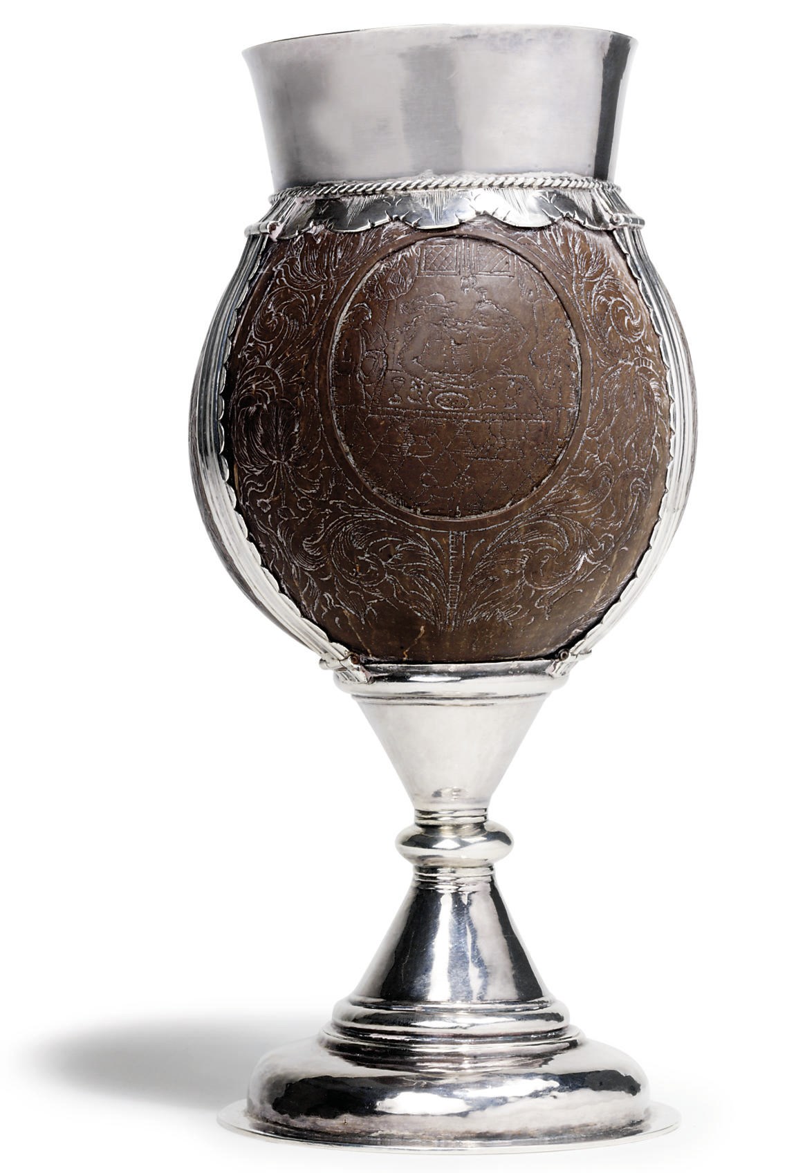 A CONTINENTAL SILVER-MOUNTED CARVED COCONUT CUP