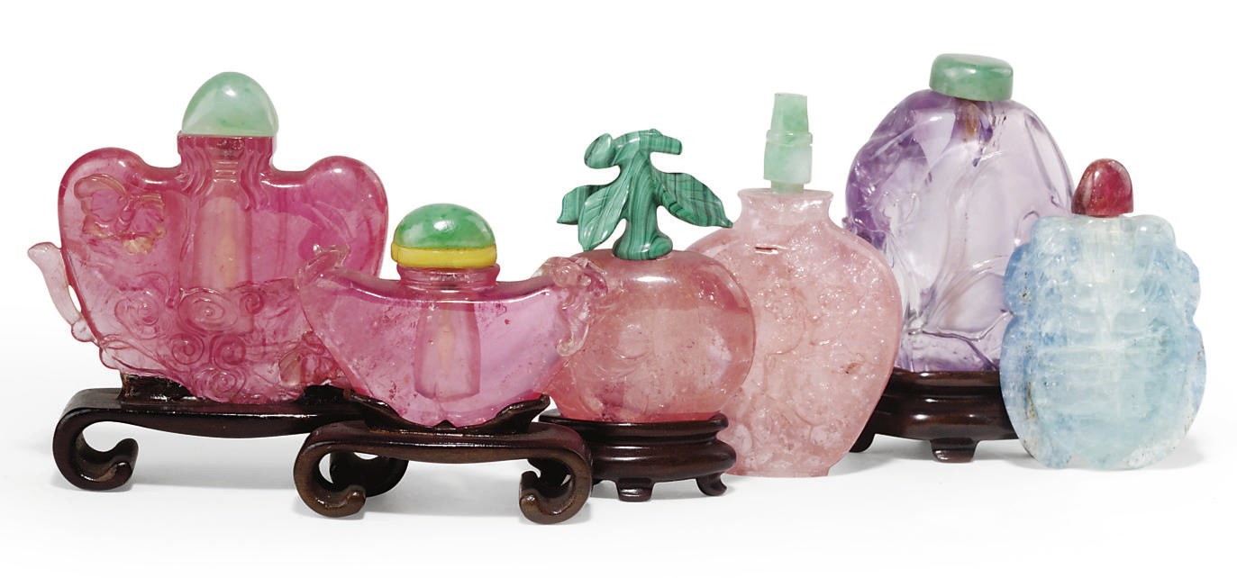 A GROUP OF SIX TOURMALINE SNUFF BOTTLES
