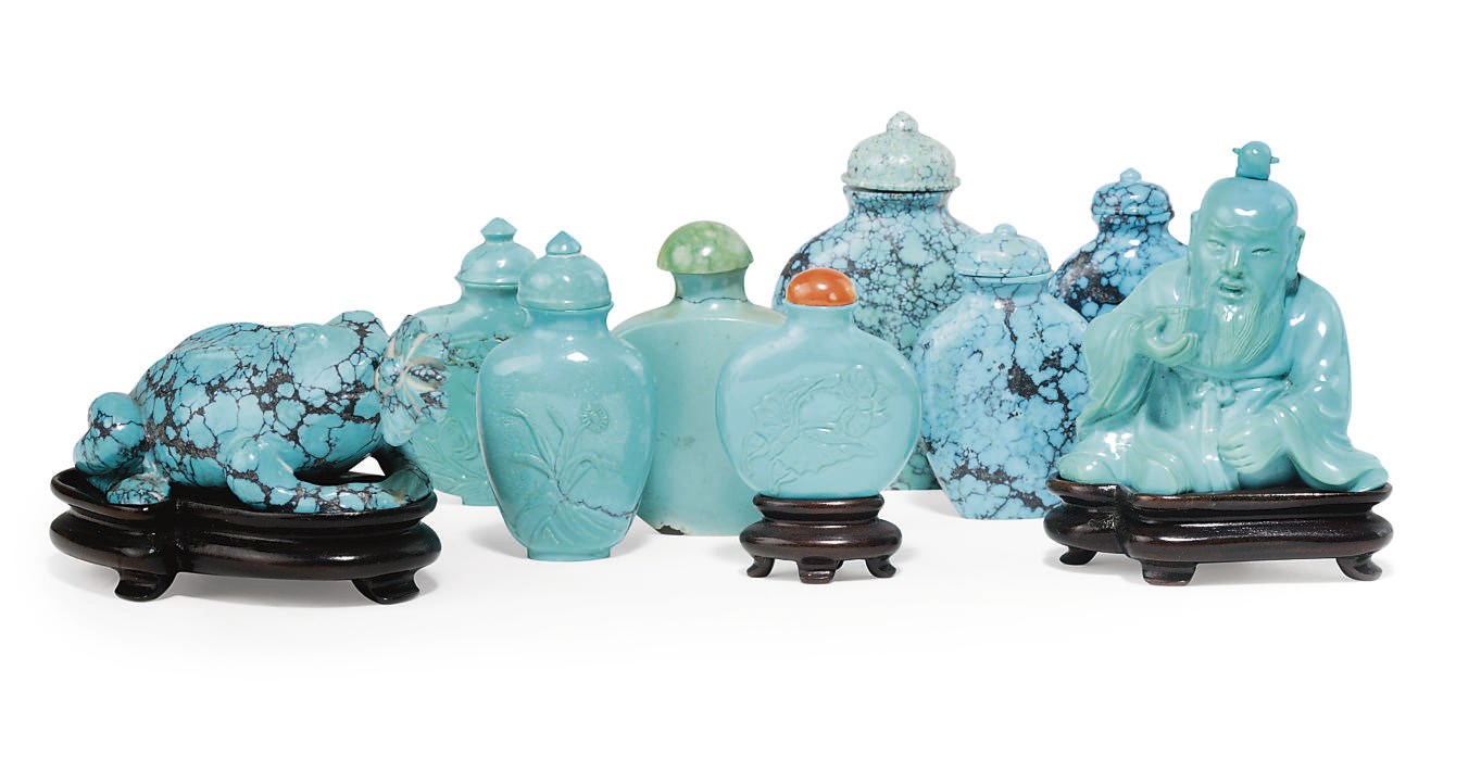 A GROUP OF NINE TURQUOISE SNUFF BOTTLES