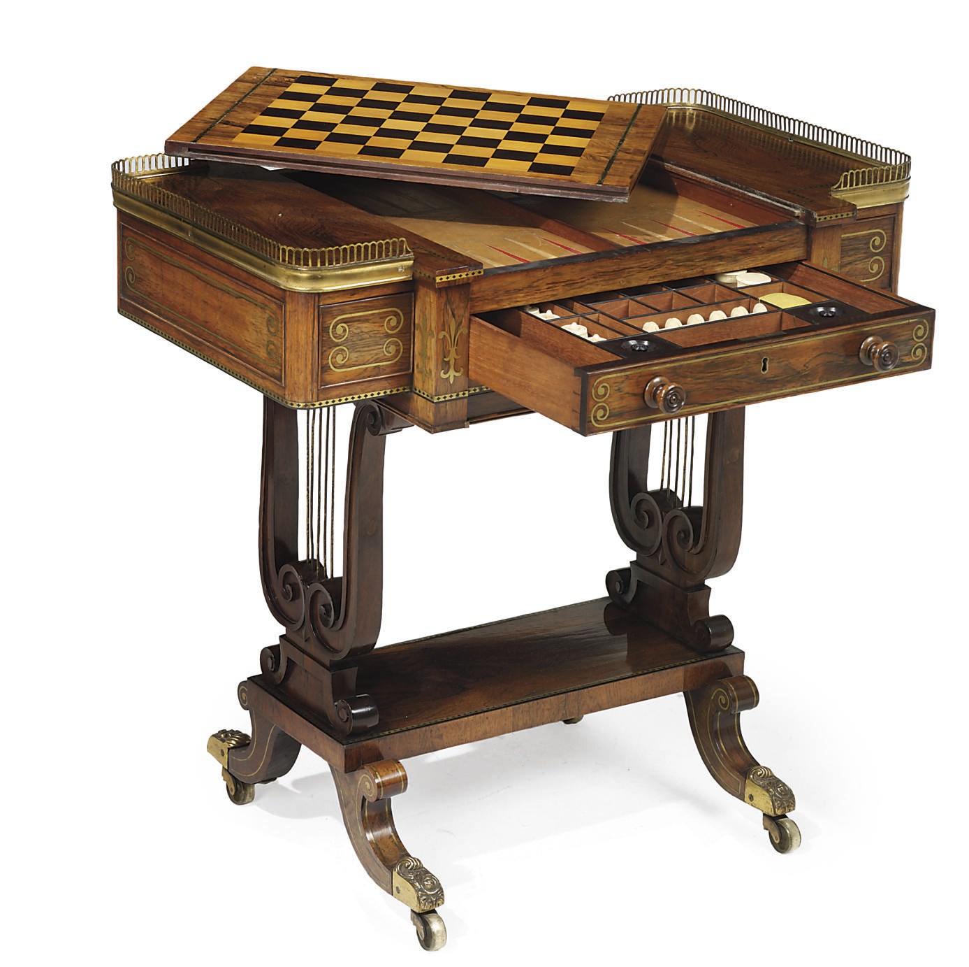 A GEORGE IV BRASS-INLAID AND BRASS-MOUNTED ROSEWOOD GAMES AND WORK-TABLE