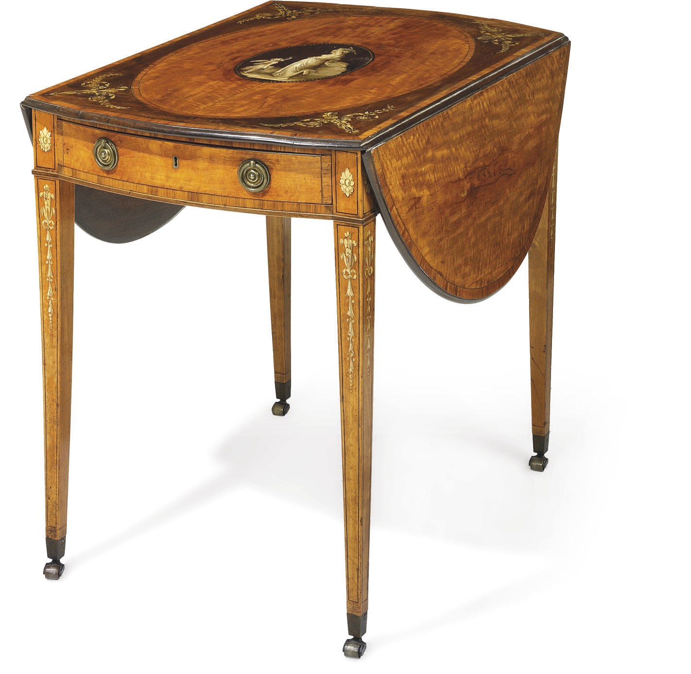 A GEORGE III SATINWOOD, AMARANTH AND MONOCHROME-DECORATED PEMBROKE TABLE