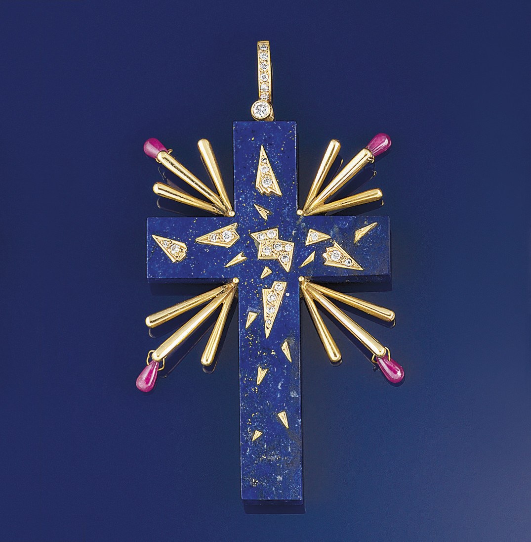 A Salvador Dali design lapis lazuli, diamond and ruby cross pendant