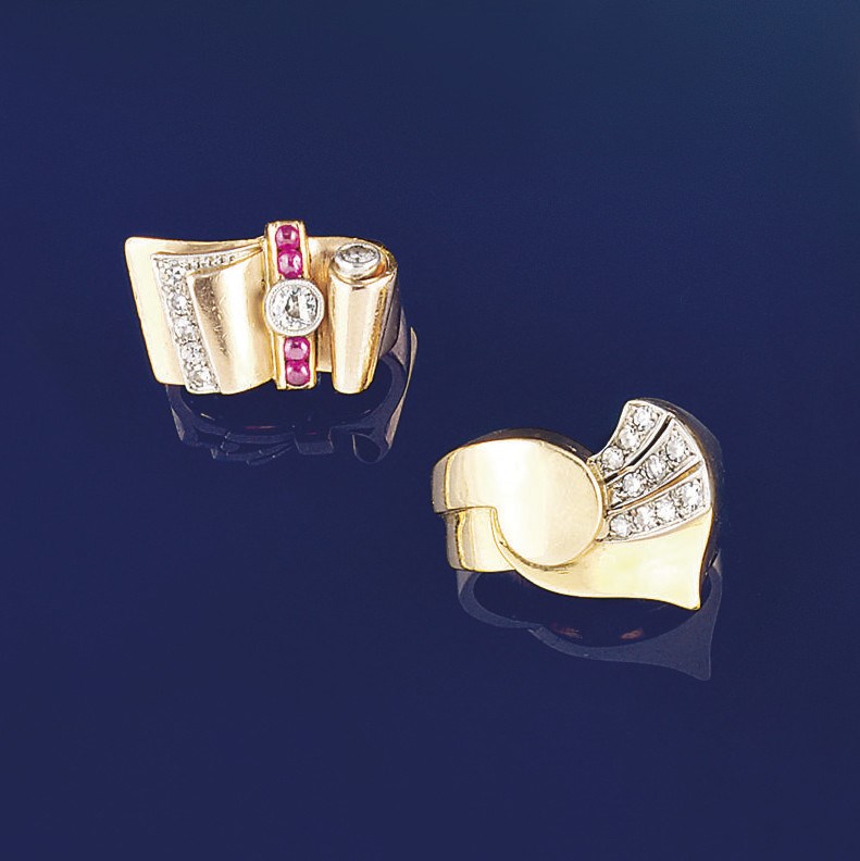 Two gold, diamond and gem cocktail rings