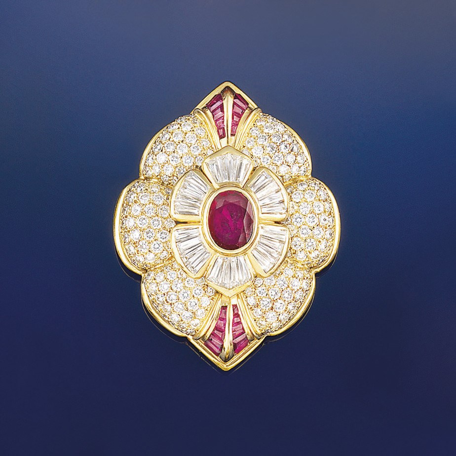 A ruby and diamond brooch, by Faraone