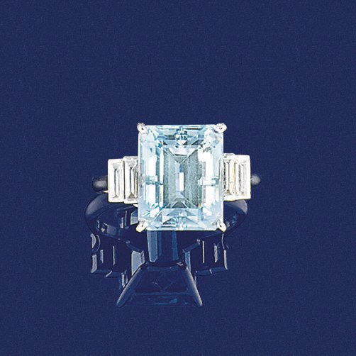 An aquamarine and diamond ring