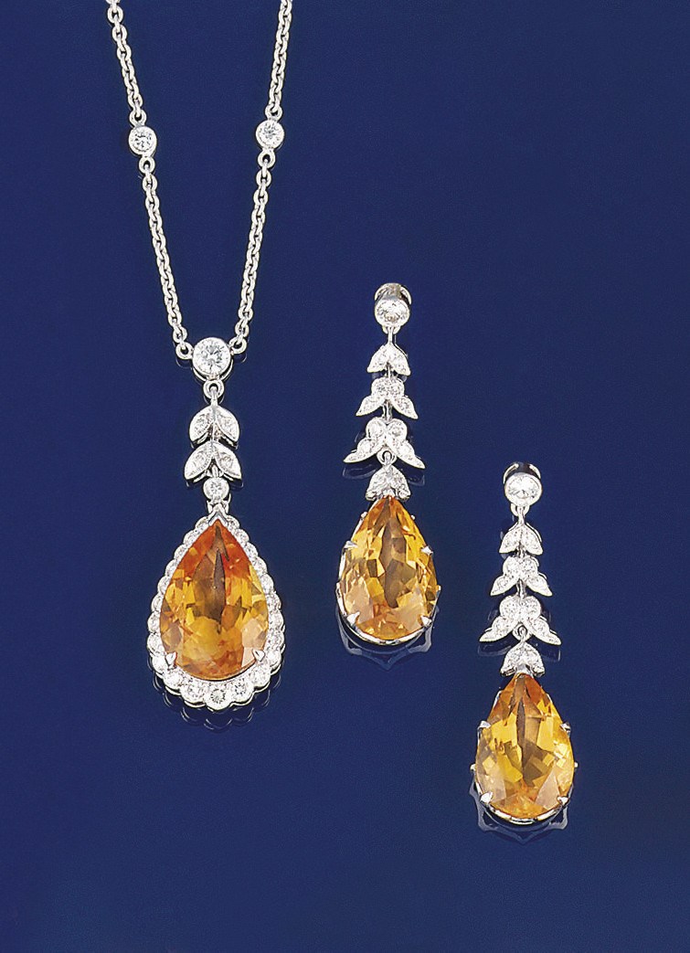 A CITRINE AND DIAMOND PENDANT AND EAR PENDANTS