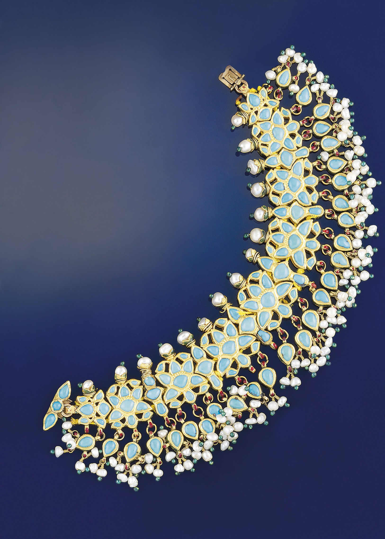 An Indian turquoise, enamel and pearl bracelet