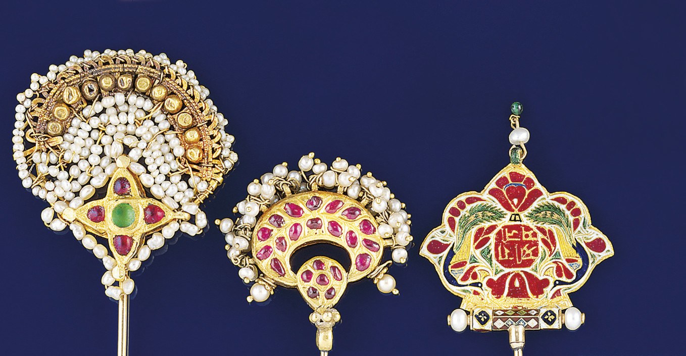 Three Indian gem, seed pearl and enamel stickpins