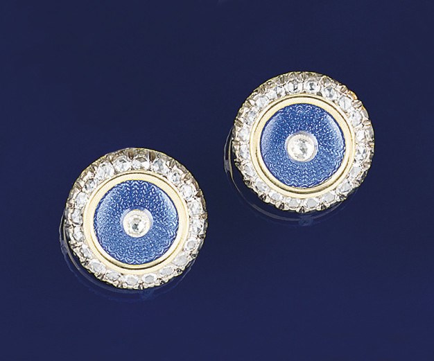 A pair of diamond and enamel earclips