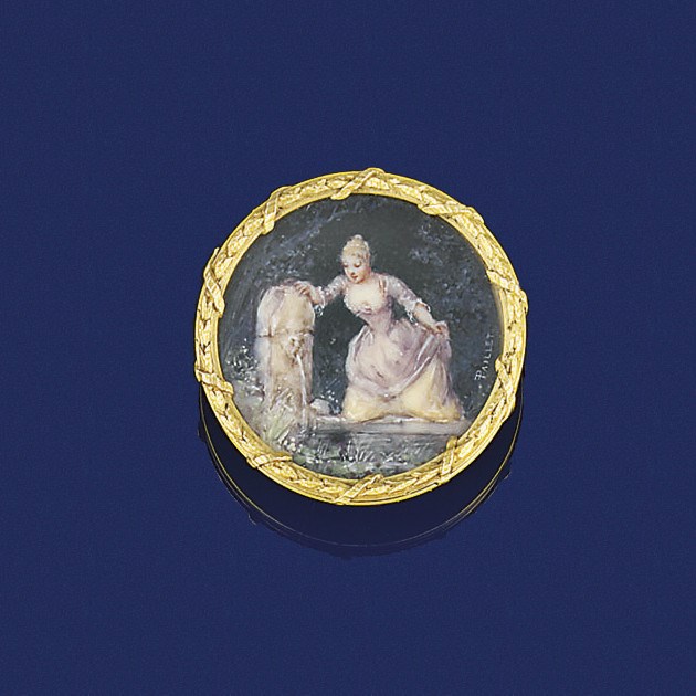 A gold, painted miniature brooch, by Boucheron