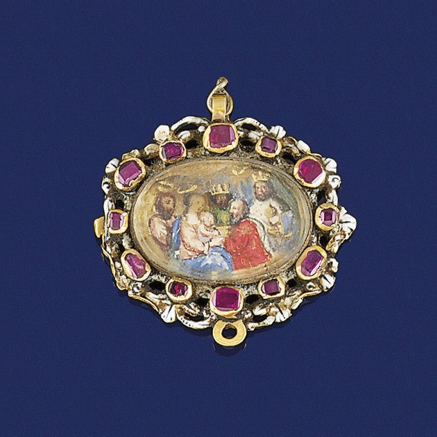A late 17th/early 18th century gold, ruby and enamel miniature pendant
