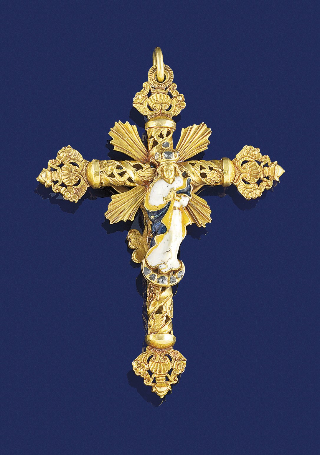 A late 19th century gold, diamond and enamel pectoral cross pendant