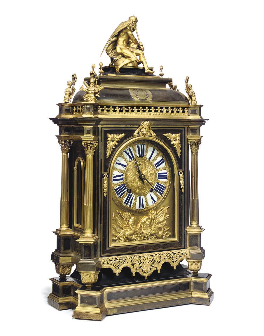 A FRENCH ORMOLU-MOUNTED CUT BRASS-INLAID TORTOISESHELL AND EBONY 'BOULLE' BRACKET CLOCK