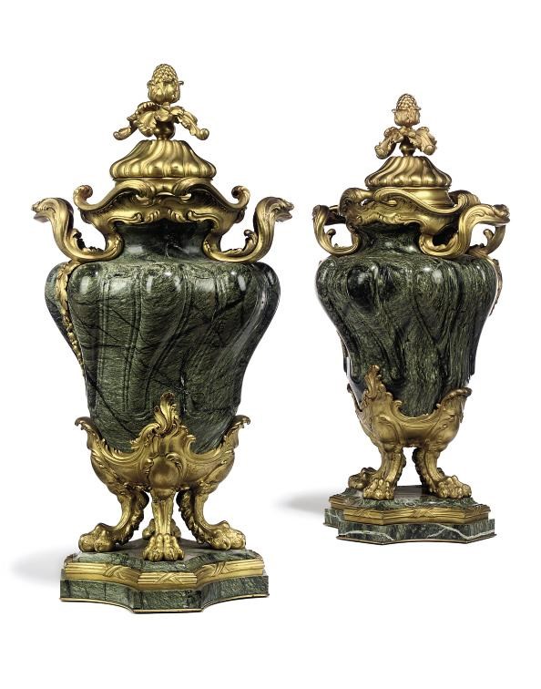 A PAIR OF FRENCH ORMOLU-MOUNTED VERT MAURIN MARBLE VASES AND COVERS